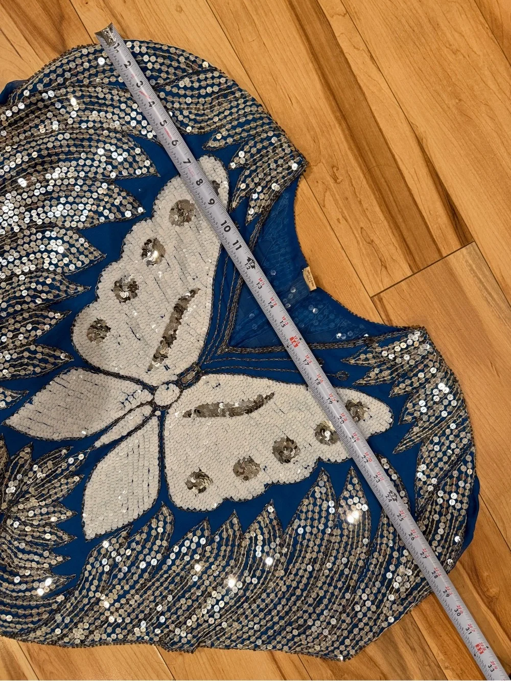 Vintage India Butterfly Sequin Beaded Silk Top Blue Silver Art Deco Oversized
